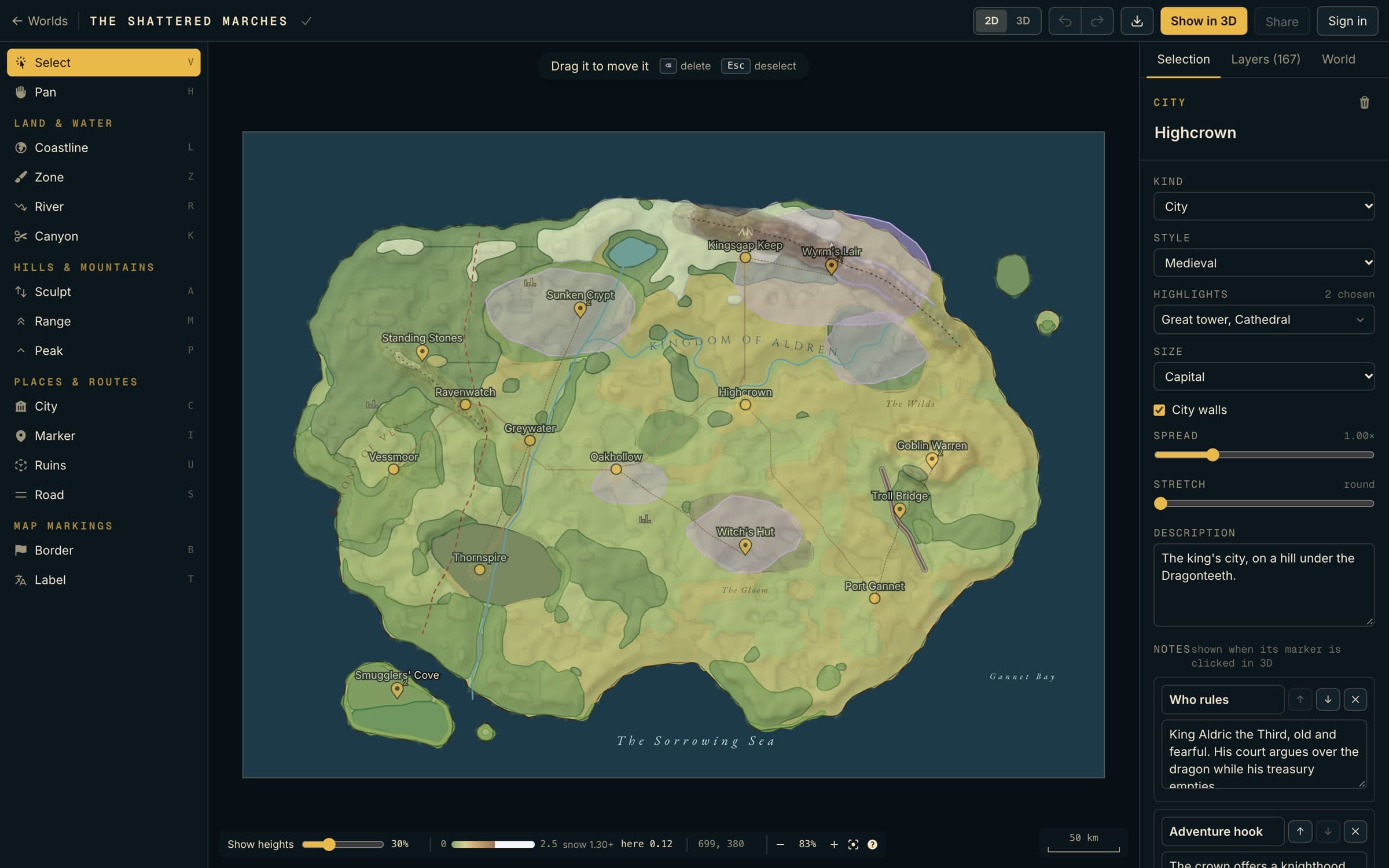 The world editor: drawing tools on the left, a campaign map in the middle, and a selected city's style, size, highlights and notes on the right